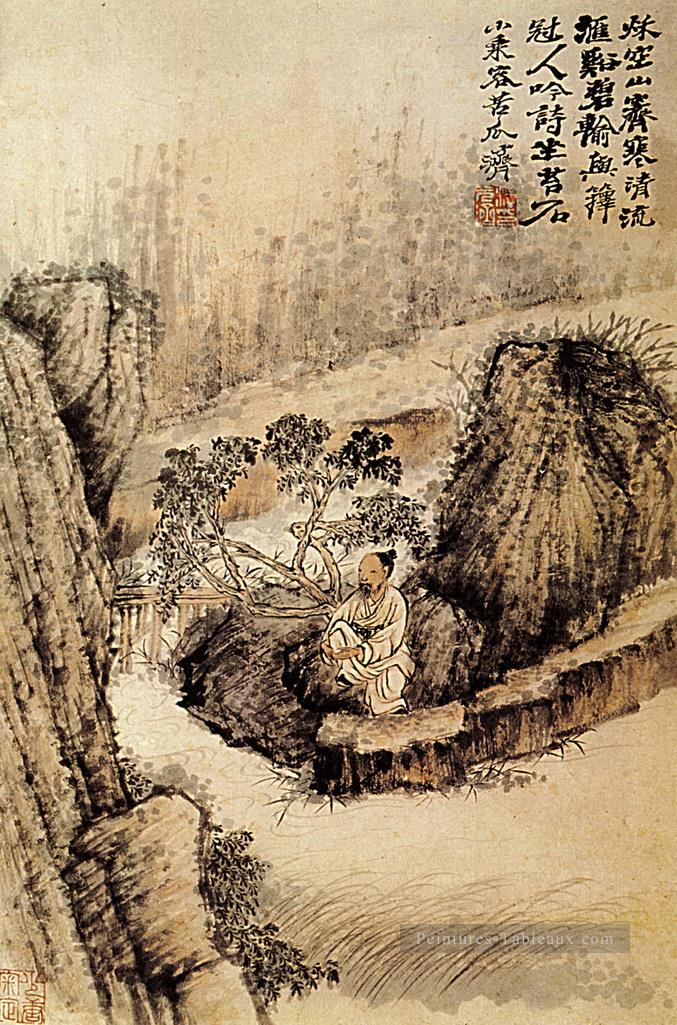 Shitao accroupi au bord de l’eau 1690 chinois traditionnel Peintures à l'huile